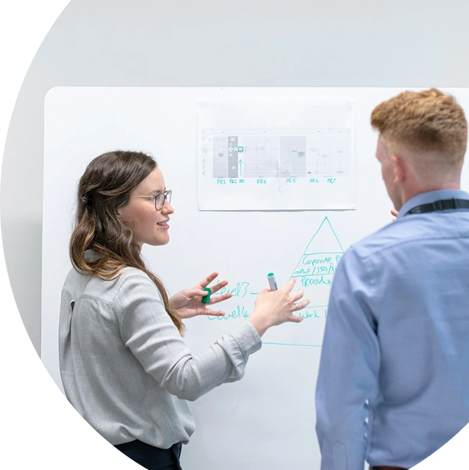 Business team discussing ERP process on whiteboard